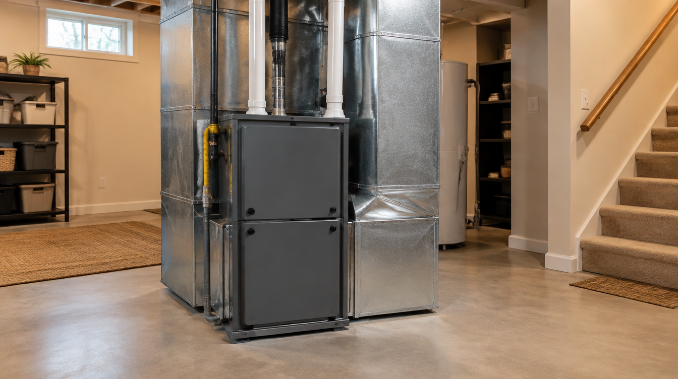 Illustrative heating imagery — residential furnace and ductwork (AI-generated filler, not a Northwest job photo)