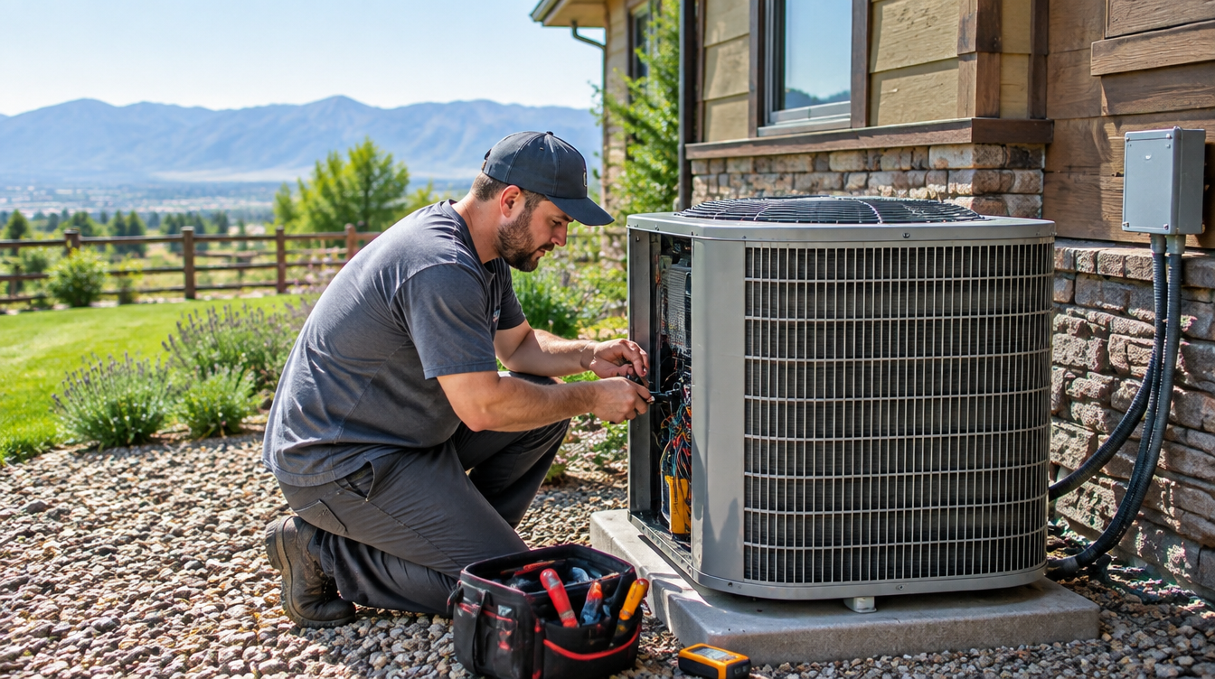 Illustrative HVAC imagery — technician servicing an outdoor condenser (AI-generated filler, not a Northwest job photo)